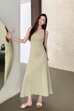 Light Gray Cotton Sleeveless Dress with Fitted Waist, French Style High-Waisted Long Skirt, Summer Thin Fabric for Women