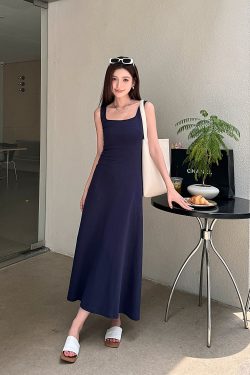 Light Gray Cotton Sleeveless Dress with Fitted Waist, French Style High-Waisted Long Skirt, Summer Thin Fabric for Women
