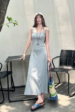 Light Gray Cotton Sleeveless Dress with Fitted Waist, French Style High-Waisted Long Skirt, Summer Thin Fabric for Women