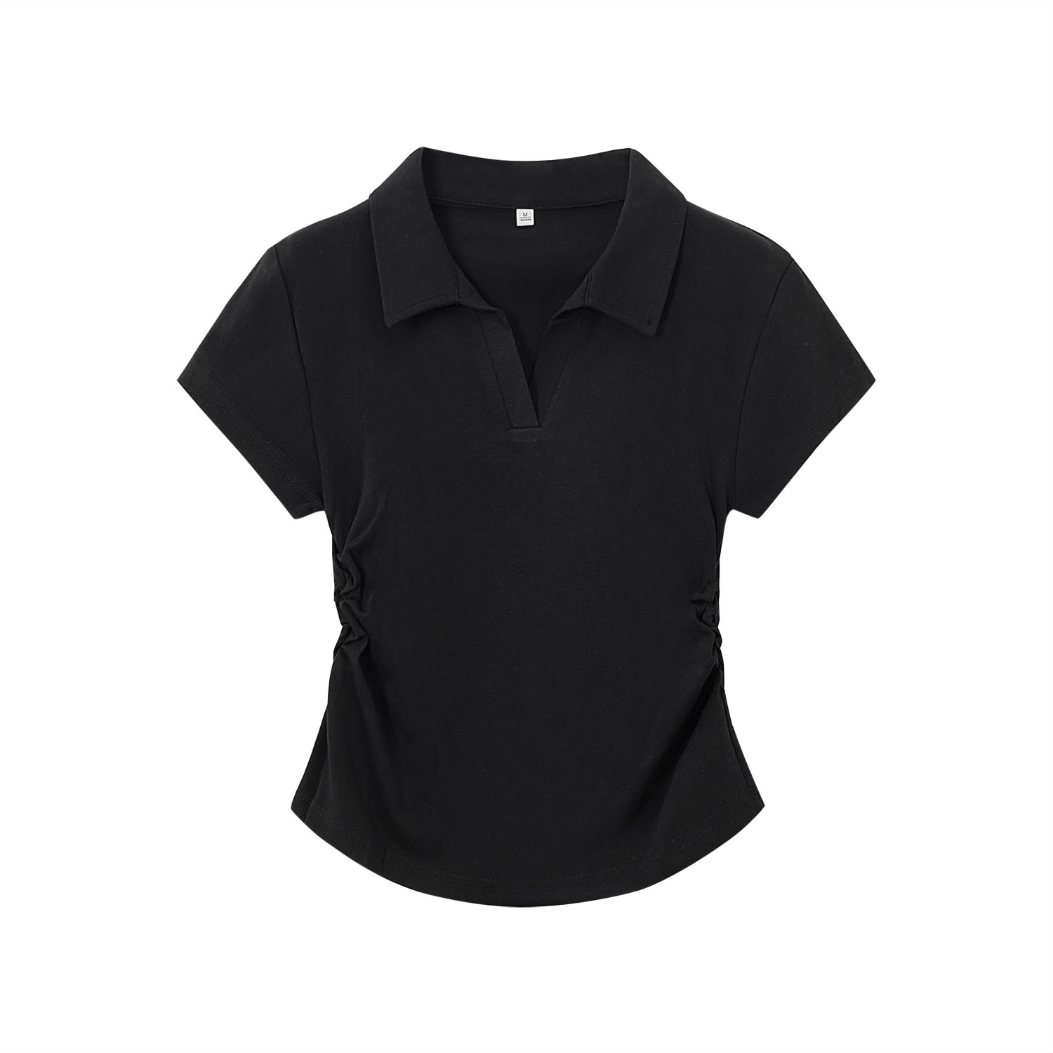 Light Gray Cropped Polo Shirt for Women - Short Sleeve, V-Neck, Slim Fit, Waist-Cinching Summer Top, Flattering Style Light Gray Cropped Polo Shirt for Women - Short Sleeve, V-Neck, Slim Fit, Waist-Cinching Summer Top, Flattering Style