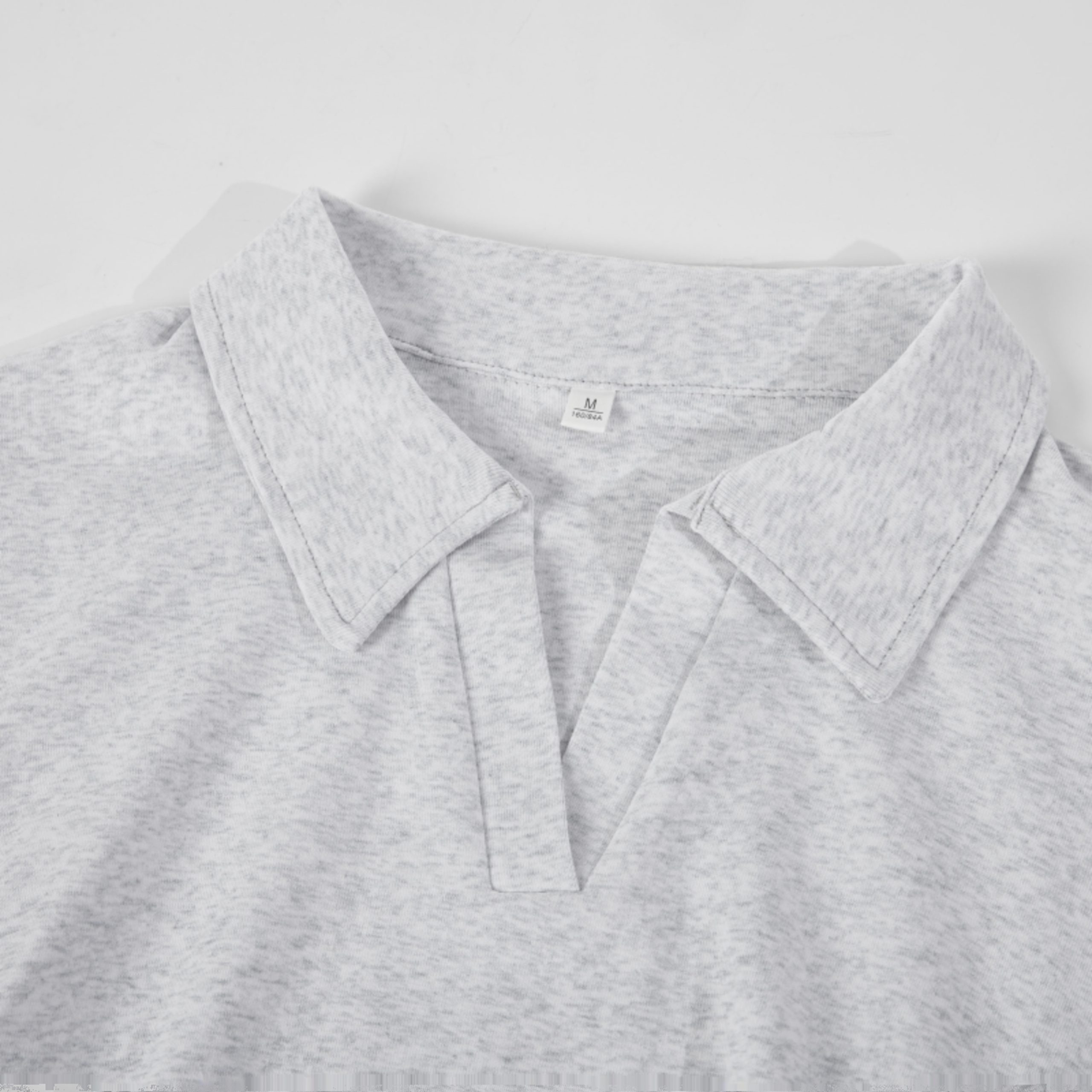 Light Gray Cropped Polo Shirt for Women - Short Sleeve, V-Neck, Slim Fit, Waist-Cinching Summer Top, Flattering Style Light Gray Cropped Polo Shirt for Women - Short Sleeve, V-Neck, Slim Fit, Waist-Cinching Summer Top, Flattering Style