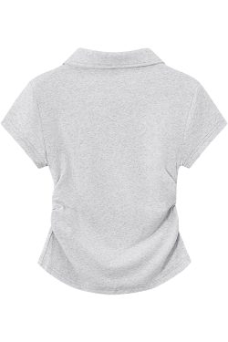 Light Gray Cropped Polo Shirt for Women - Short Sleeve, V-Neck, Slim Fit, Waist-Cinching Summer Top, Flattering Style