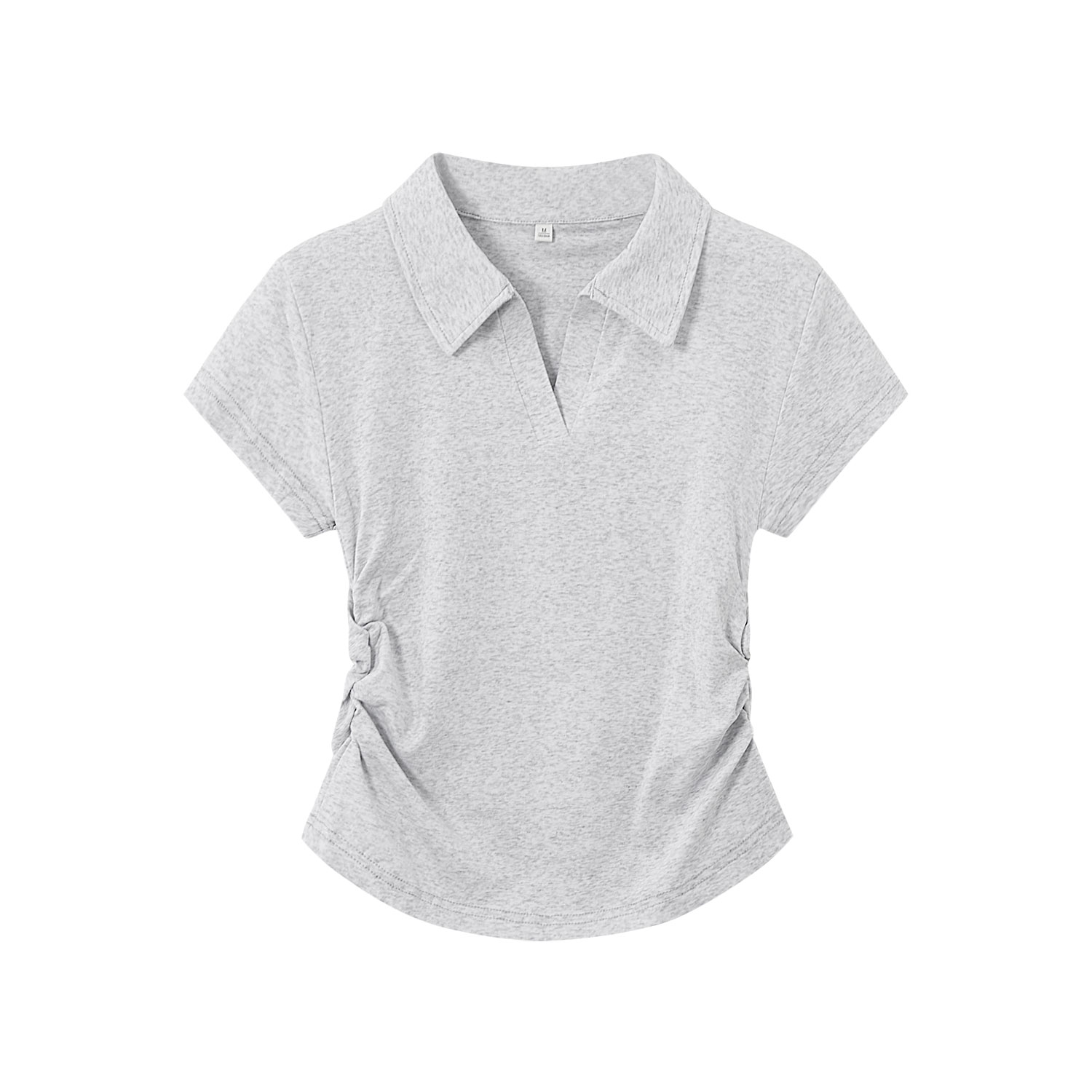 Light Gray Cropped Polo Shirt for Women - Short Sleeve, V-Neck, Slim Fit, Waist-Cinching Summer Top, Flattering Style Light Gray Cropped Polo Shirt for Women - Short Sleeve, V-Neck, Slim Fit, Waist-Cinching Summer Top, Flattering Style