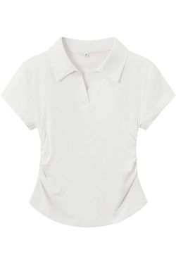 Light Gray Cropped Polo Shirt for Women - Short Sleeve, V-Neck, Slim Fit, Waist-Cinching Summer Top, Flattering Style