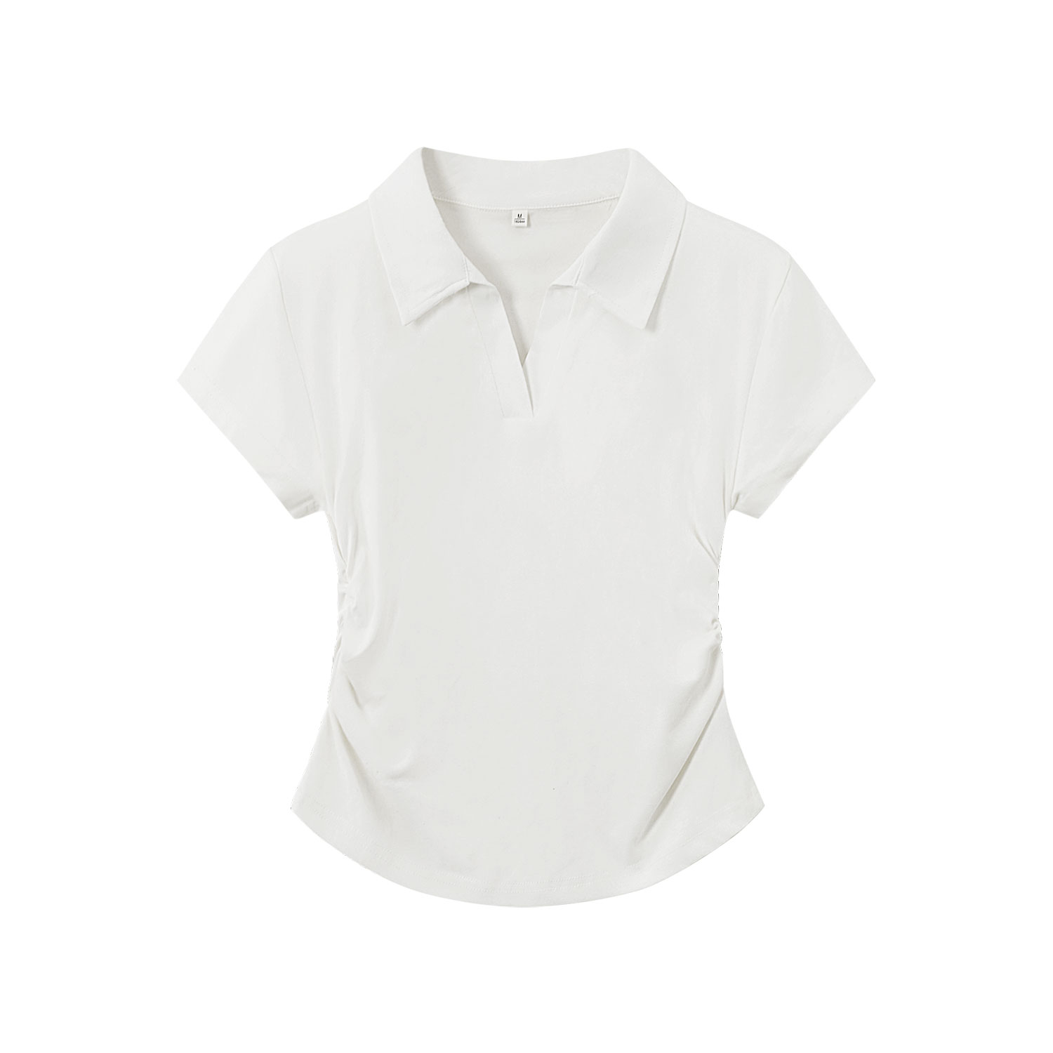 Light Gray Cropped Polo Shirt for Women - Short Sleeve, V-Neck, Slim Fit, Waist-Cinching Summer Top, Flattering Style Light Gray Cropped Polo Shirt for Women - Short Sleeve, V-Neck, Slim Fit, Waist-Cinching Summer Top, Flattering Style