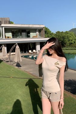 Light Jasmine Off-Shoulder Tie Strap Sleeveless T-Shirt for Women - Summer Temperament, Pure Desire, Y2K Style Top