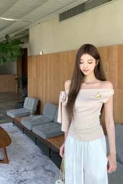 Light Jasmine Off-Shoulder Tie Strap Sleeveless T-Shirt for Women - Summer Temperament, Pure Desire, Y2K Style Top
