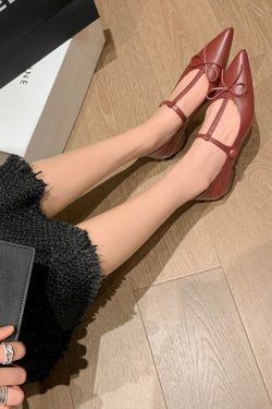 Light Luxury Bow Low-Heeled Pointed Toe Genuine Leather Mary Jane T-Strap Shoes for Chic Bourgeois Style