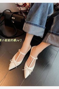Light Luxury Bow Low-Heeled Pointed Toe Genuine Leather Mary Jane T-Strap Shoes for Chic Bourgeois Style