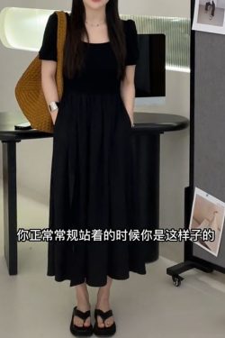 Light Luxury Plus-Size Little Black Dress, French Hepburn Style, Square Neck, Flattering Split Design for Curvy Figures, Summer Fashion