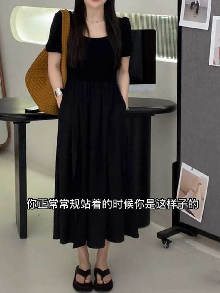 Light Luxury Plus-Size Little Black Dress, French Hepburn Style, Square Neck, Flattering Split Design for Curvy Figures, Summer Fashion Light Luxury Plus-Size Little Black Dress, French Hepburn Style, Square Neck, Flattering Split Design for Curvy Figures, Summer Fashion