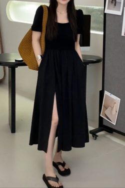 Light Luxury Plus-Size Little Black Dress, French Hepburn Style, Square Neck, Flattering Split Design for Curvy Figures, Summer Fashion