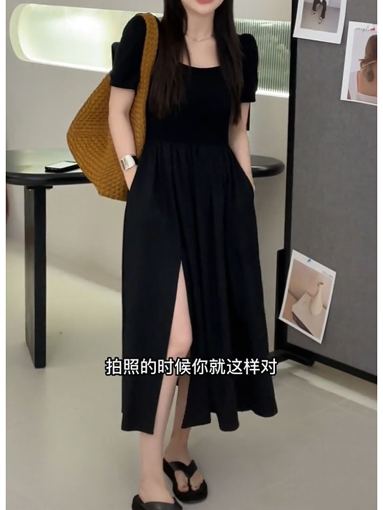 Light Luxury Plus-Size Little Black Dress, French Hepburn Style, Square Neck, Flattering Split Design for Curvy Figures, Summer Fashion Light Luxury Plus-Size Little Black Dress, French Hepburn Style, Square Neck, Flattering Split Design for Curvy Figures, Summer Fashion