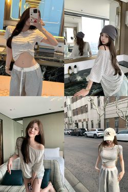 Light Oxygen Holiday Vintage Striped Short Sleeve T-Shirt for Women - Summer Casual Relaxed Round Neck Top, Y2K Style