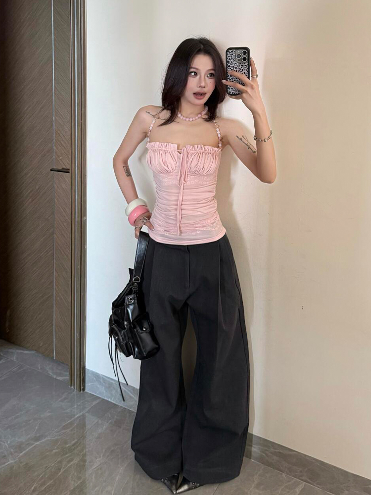 Light Pink Beaded Shoulder Strap Camisole for Women, Summer Lace Splicing Fitted Sexy Top, Y2K Style Outerwear Light Pink Beaded Shoulder Strap Camisole for Women, Summer Lace Splicing Fitted Sexy Top, Y2K Style Outerwear