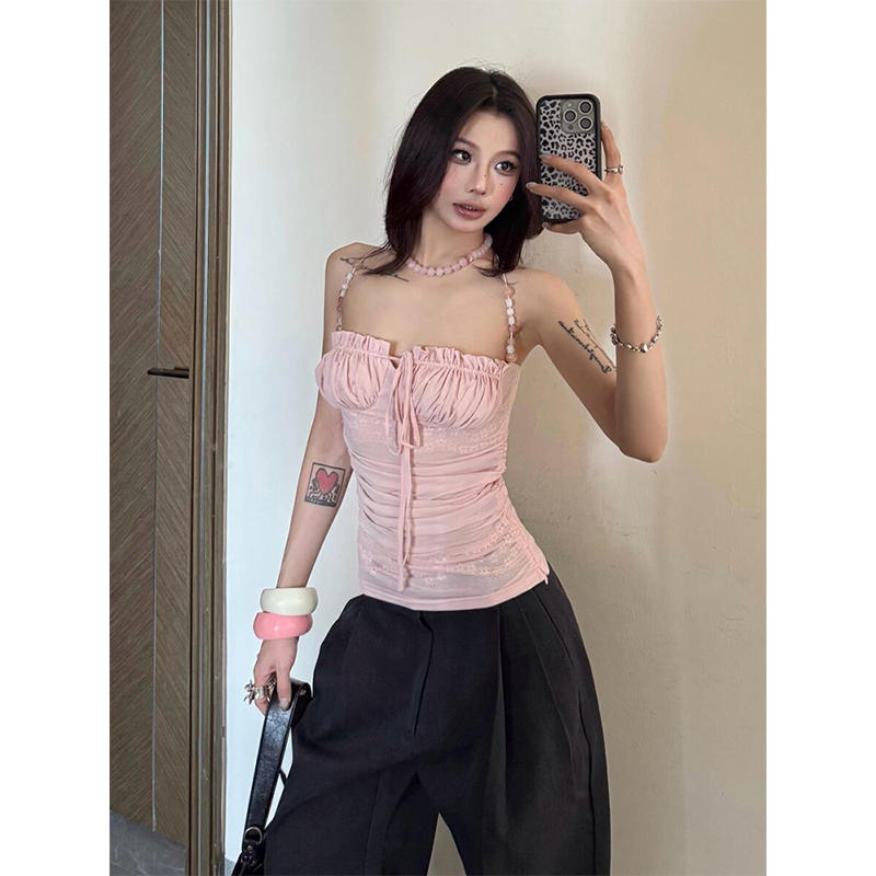 Light Pink Beaded Shoulder Strap Camisole for Women, Summer Lace Splicing Fitted Sexy Top, Y2K Style Outerwear Light Pink Beaded Shoulder Strap Camisole for Women, Summer Lace Splicing Fitted Sexy Top, Y2K Style Outerwear