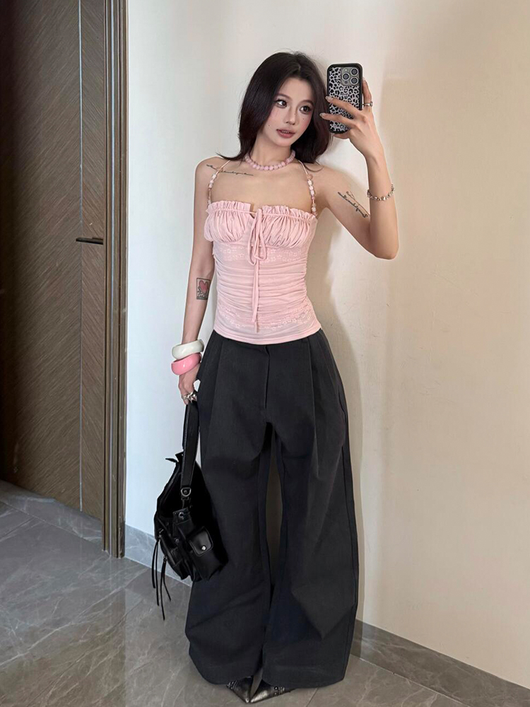 Light Pink Beaded Shoulder Strap Camisole for Women, Summer Lace Splicing Fitted Sexy Top, Y2K Style Outerwear Light Pink Beaded Shoulder Strap Camisole for Women, Summer Lace Splicing Fitted Sexy Top, Y2K Style Outerwear