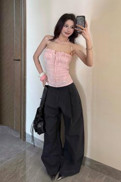 Light Pink Beaded Shoulder Strap Camisole for Women, Summer Lace Splicing Fitted Sexy Top, Y2K Style Outerwear