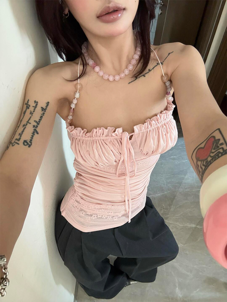 Light Pink Beaded Shoulder Strap Camisole for Women, Summer Lace Splicing Fitted Sexy Top, Y2K Style Outerwear Light Pink Beaded Shoulder Strap Camisole for Women, Summer Lace Splicing Fitted Sexy Top, Y2K Style Outerwear