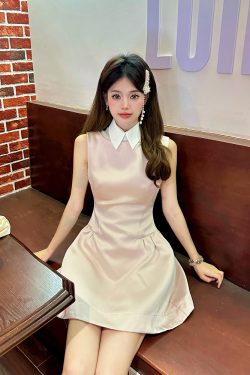 Light Pink Glossy Satin Sleeveless Shirt Dress with Waist-Cinching Design and Faux Two-Piece Skirt for Spring, Y2K Style