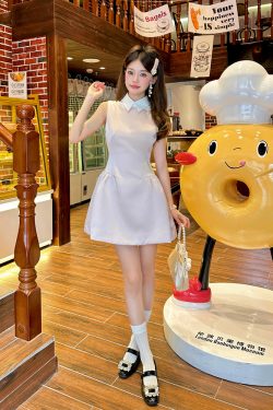 Light Pink Glossy Satin Sleeveless Shirt Dress with Waist-Cinching Design and Faux Two-Piece Skirt for Spring, Y2K Style