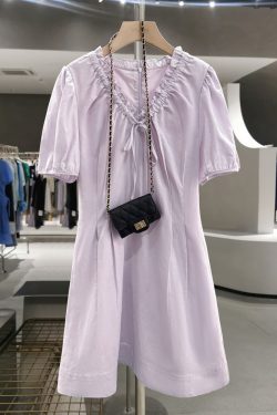 Light Purple Lace-Trimmed Puff Sleeve Mid-Length Dress - French Style Summer 2025 Women's Fashion, Elegant Little Dress