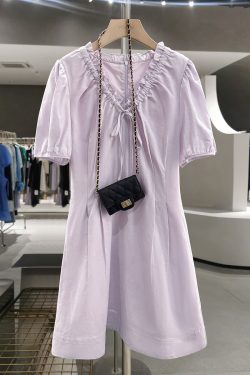 Light Purple Lace-Trimmed Puff Sleeve Mid-Length Dress - French Style Summer 2025 Women's Fashion, Elegant Little Dress