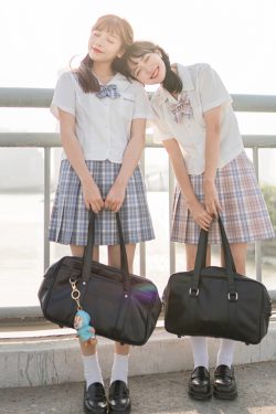 Light Rain Falling Flowers Gemini Check JK Uniform with Pudding Bear Design and Authentic Check Skirt - Y2K Fashion Style