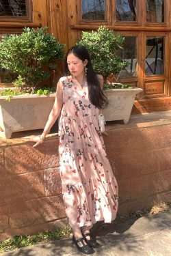 Light Spring Mountains Retro Floral Maxi Dress for Women - Loose V-Neck Sleeveless Long Dress, Perfect for Summer 90s & Y2K Style