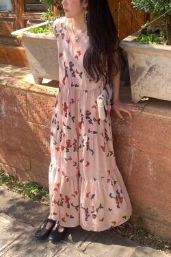 Light Spring Mountains Retro Floral Maxi Dress for Women - Loose V-Neck Sleeveless Long Dress, Perfect for Summer 90s & Y2K Style