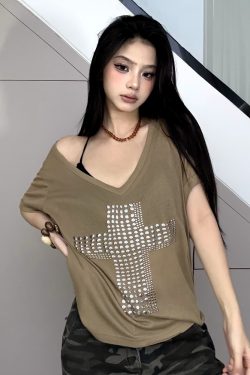 Light Subculture Cross Sequin Loose Mid-Length T-Shirt for Women - Relaxed Big V-Neck Short Sleeve Summer Top