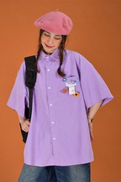 Light Yellow Vintage Short Sleeve Shirt for Women - Summer Loose Korean Style Top, Popular Half Sleeve Fashion for Students