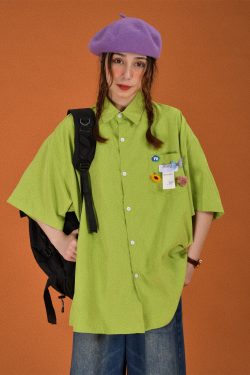 Light Yellow Vintage Short Sleeve Shirt for Women - Summer Loose Korean Style Top, Popular Half Sleeve Fashion for Students