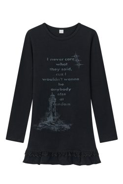 Lighthouse Print Lace Trim Long Sleeve T-Shirt Dress with Layered Inner Top for Women - Slim Fit, Casual Style