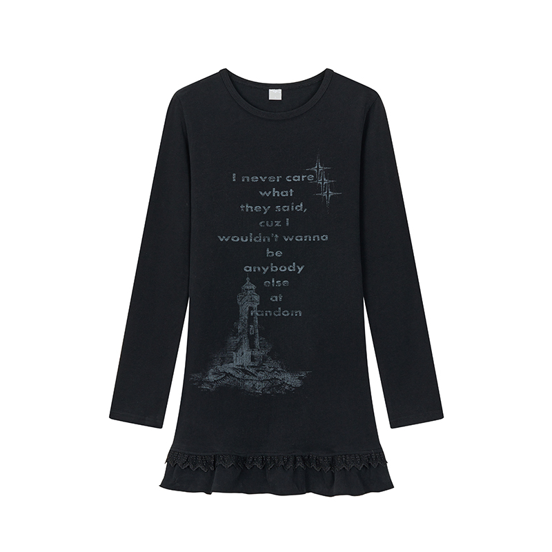 Lighthouse Print Lace Trim Long Sleeve T-Shirt Dress with Layered Inner Top for Women - Slim Fit, Casual Style Lighthouse Print Lace Trim Long Sleeve T-Shirt Dress with Layered Inner Top for Women - Slim Fit, Casual Style