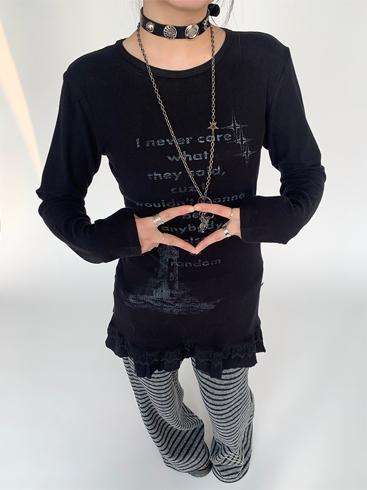 Lighthouse Print Lace Trim Long Sleeve T-Shirt Dress with Layered Inner Top for Women - Slim Fit, Casual Style Lighthouse Print Lace Trim Long Sleeve T-Shirt Dress with Layered Inner Top for Women - Slim Fit, Casual Style