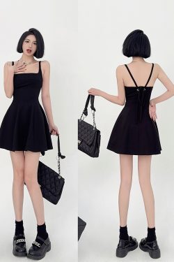 Lightweight A-Line Short Skirt for Tall Women, High Waist, Square Neck, Slimming, Stretchy Little Black Dress for Spring & Summer