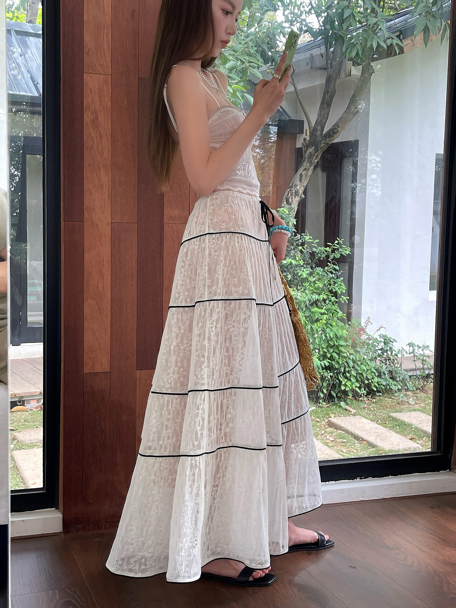 Lightweight Adjustable Lace Camisole and Flared Tulle Long Skirt Set for Summer Vacation, Boho Style Lightweight Adjustable Lace Camisole and Flared Tulle Long Skirt Set for Summer Vacation, Boho Style