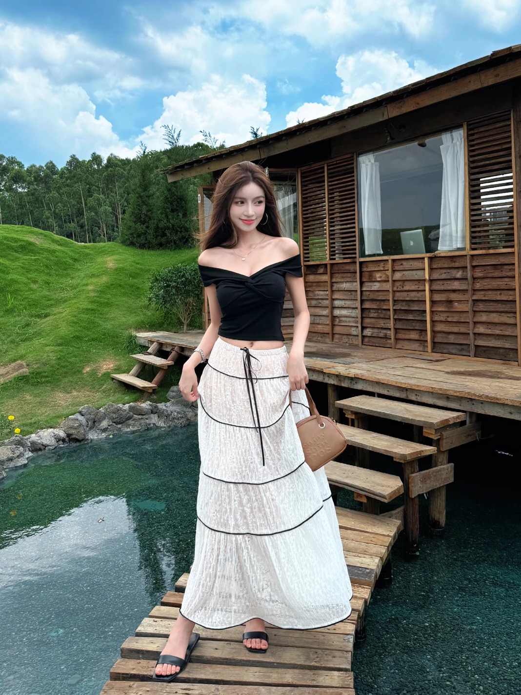 Lightweight Adjustable Lace Camisole and Flared Tulle Long Skirt Set for Summer Vacation, Boho Style Lightweight Adjustable Lace Camisole and Flared Tulle Long Skirt Set for Summer Vacation, Boho Style