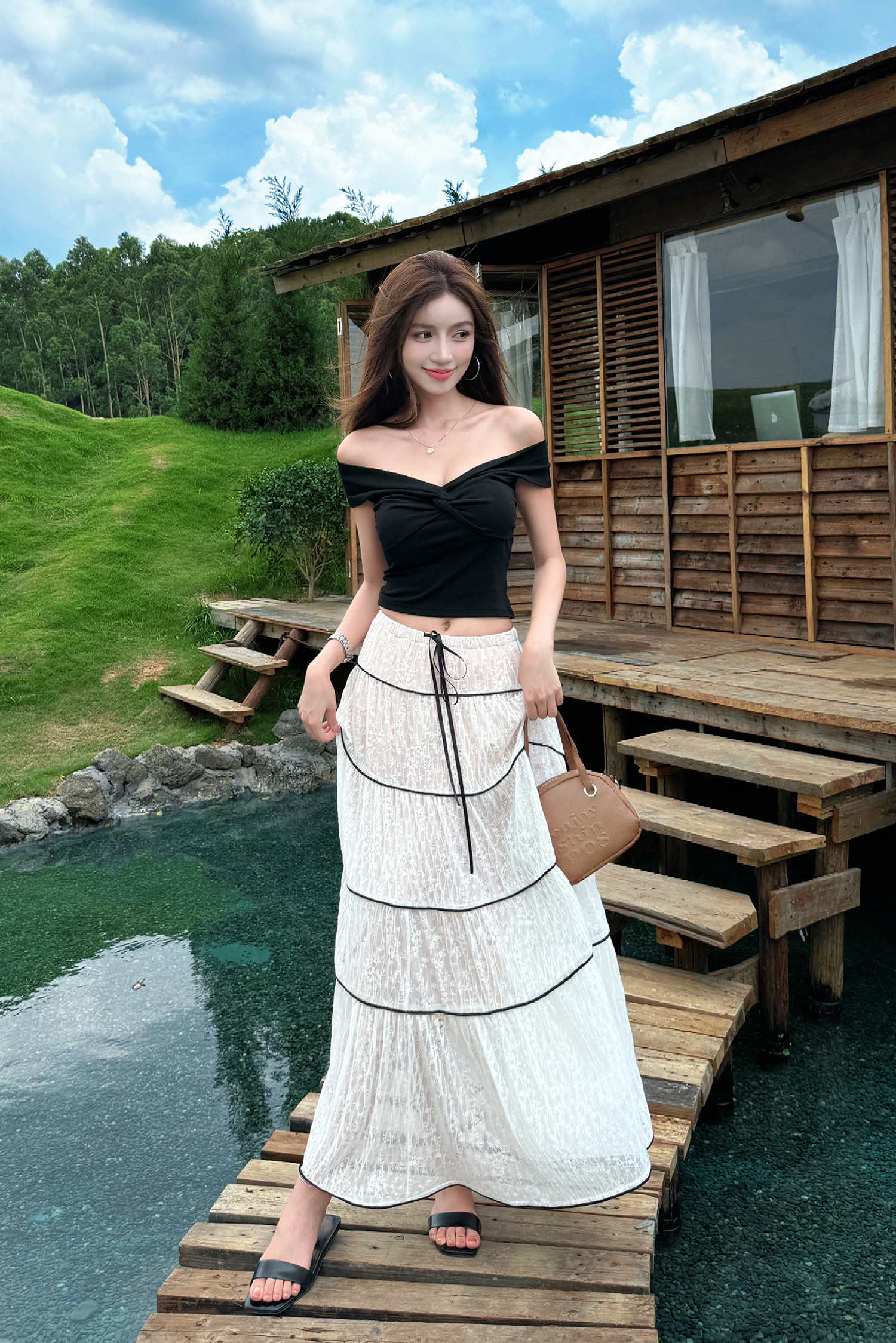 Lightweight Adjustable Lace Camisole and Flared Tulle Long Skirt Set for Summer Vacation, Boho Style Lightweight Adjustable Lace Camisole and Flared Tulle Long Skirt Set for Summer Vacation, Boho Style