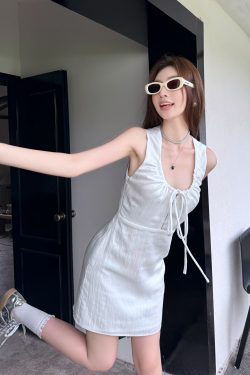 Lightweight Adjustable U-Neck Hollow Black Tank Dress, Slimming Tencel Summer Dress with French Short Skirt Style