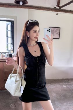 Lightweight Adjustable U-Neck Hollow Black Tank Dress, Slimming Tencel Summer Dress with French Short Skirt Style