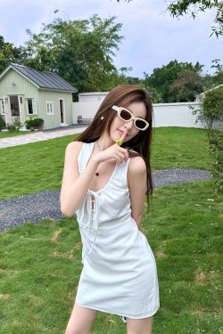 Lightweight Adjustable U-Neck Hollow Sexy Tank Dress - Slimming Tencel Summer Dress with French Short Skirt in White