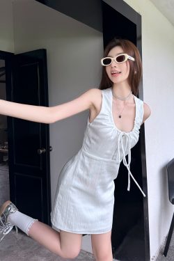Lightweight Adjustable U-Neck Hollow Sexy Tank Dress - Slimming Tencel Summer Dress with French Short Skirt in White