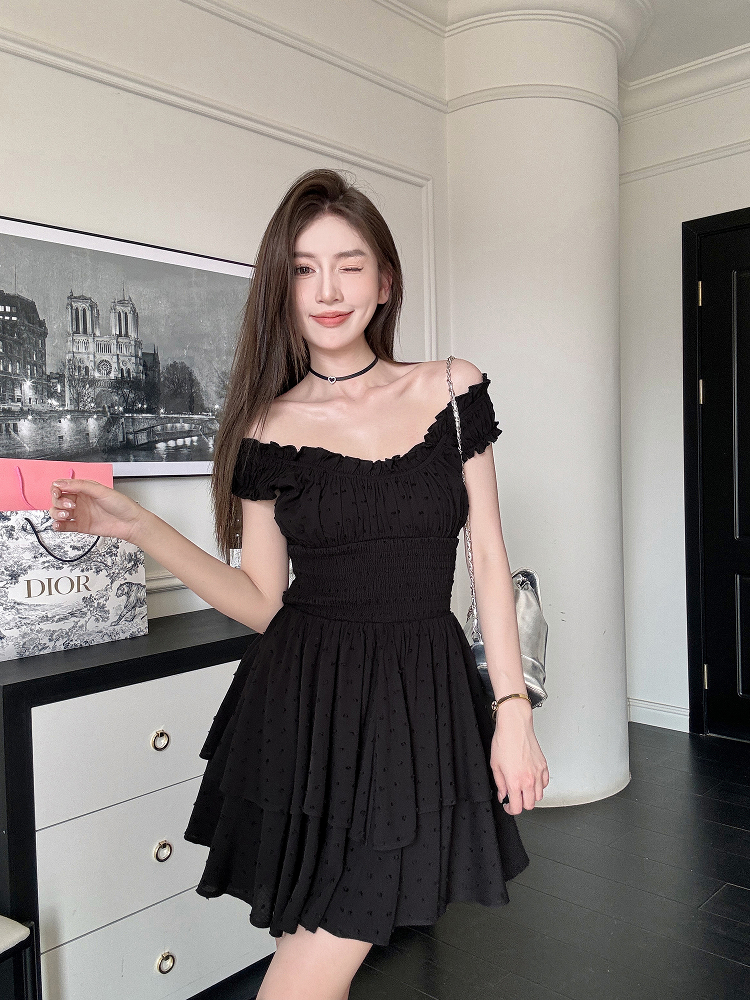 Lightweight Black Ruffled High-Waisted Swing Dress - Summer Elastic Slimming Princess Style Lightweight Black Ruffled High-Waisted Swing Dress - Summer Elastic Slimming Princess Style