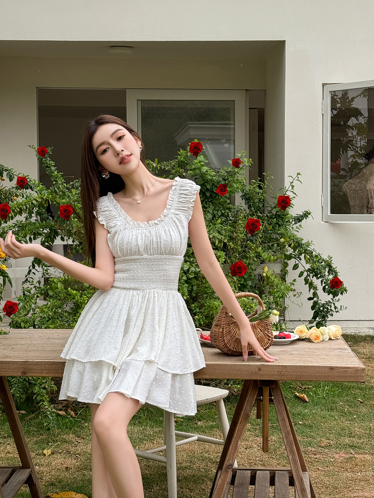 Lightweight Black Ruffled High-Waisted Swing Dress - Summer Elastic Slimming Princess Style Lightweight Black Ruffled High-Waisted Swing Dress - Summer Elastic Slimming Princess Style