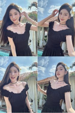 Lightweight Black Ruffled High-Waisted Swing Dress - Summer Elastic Slimming Princess Style