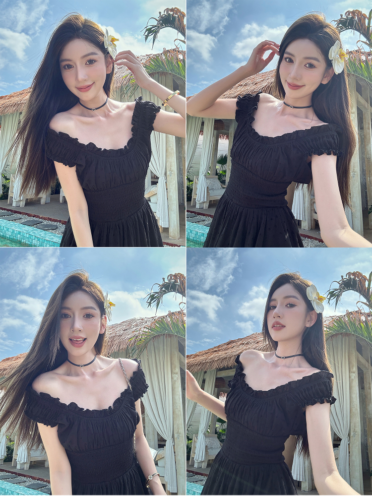 Lightweight Black Ruffled High-Waisted Swing Dress - Summer Elastic Slimming Princess Style Lightweight Black Ruffled High-Waisted Swing Dress - Summer Elastic Slimming Princess Style
