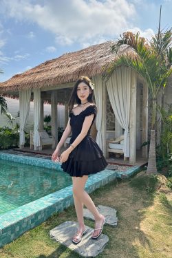 Lightweight Black Ruffled High-Waisted Swing Dress - Summer Elastic Slimming Princess Style