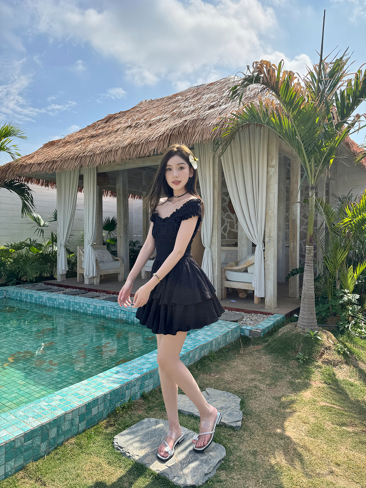 Lightweight Black Ruffled High-Waisted Swing Dress - Summer Elastic Slimming Princess Style Lightweight Black Ruffled High-Waisted Swing Dress - Summer Elastic Slimming Princess Style